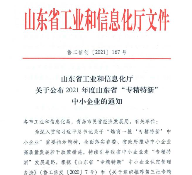 喜報！熱烈祝賀我司通過山東省“專精特新”中小企業審核